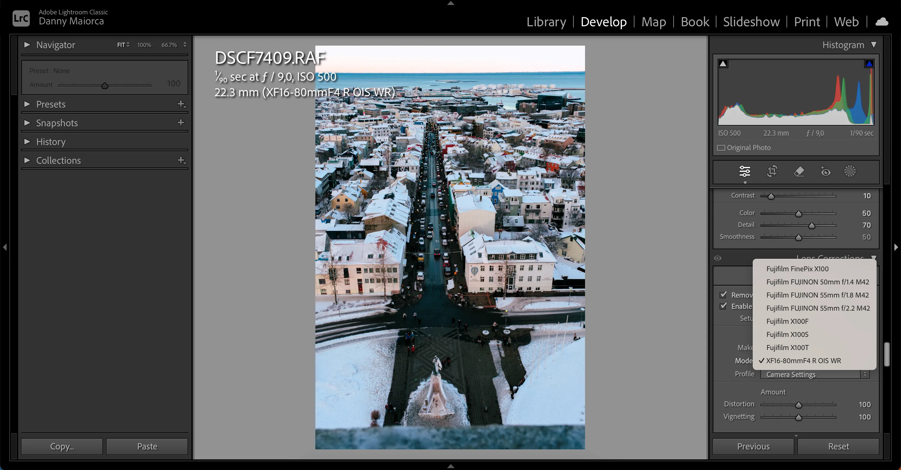 Giao diện chỉnh sửa hồ sơ ống kính (Lens Profiles) trong Lightroom giúp khắc phục biến dạng và quang sai màu