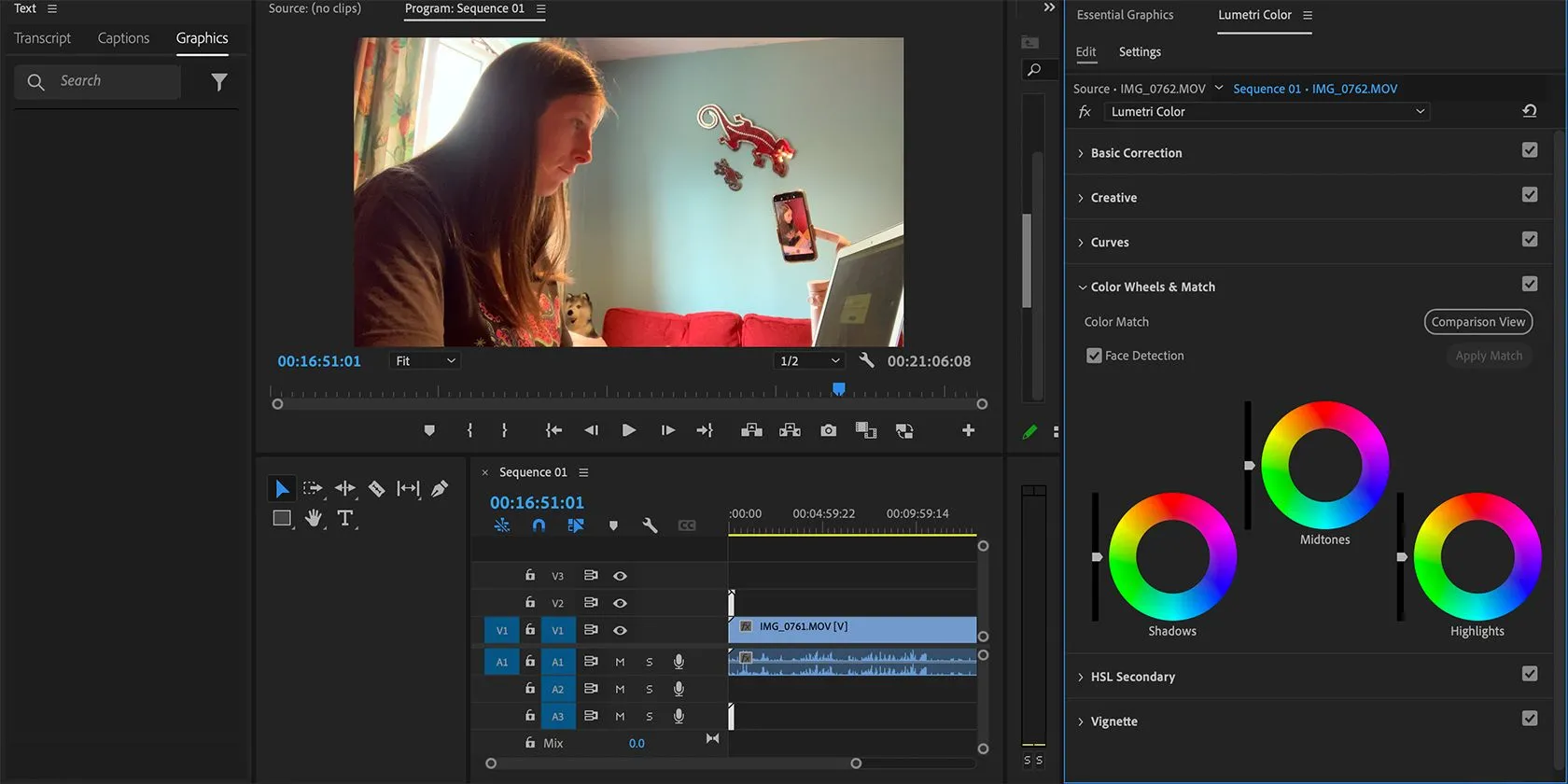 Giao diện chỉnh sửa màu sắc trong Adobe Premiere Pro, minh họa khó khăn khi chạy trên Snapdragon X Elite.