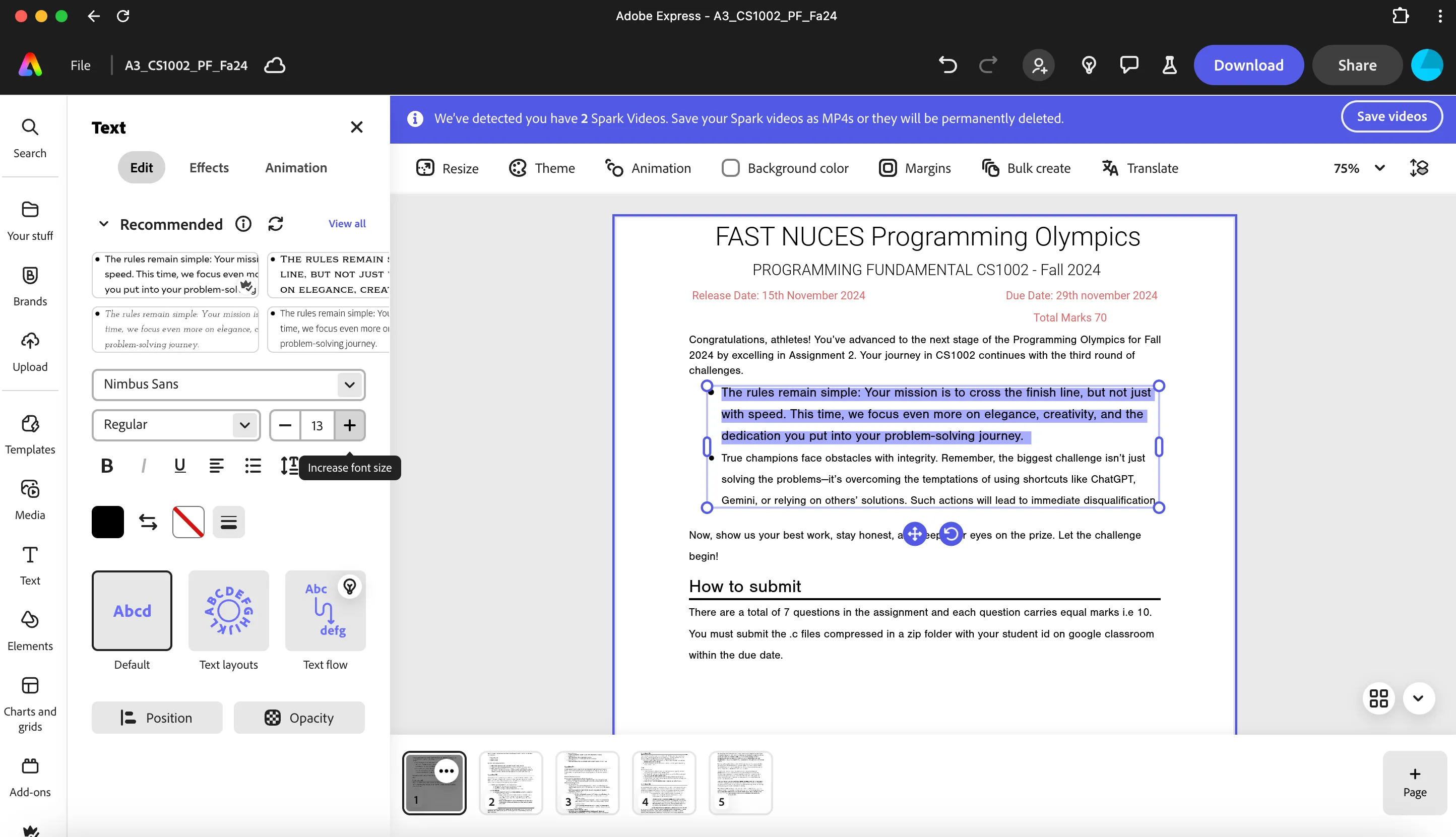 Giao diện chỉnh sửa nội dung tài liệu PDF trực tiếp trong Adobe Express