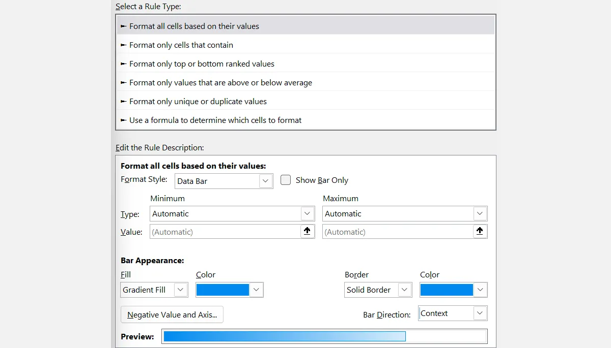 Giao diện chỉnh sửa quy tắc định dạng Thanh dữ liệu trong Microsoft Excel với các tùy chọn tùy chỉnh