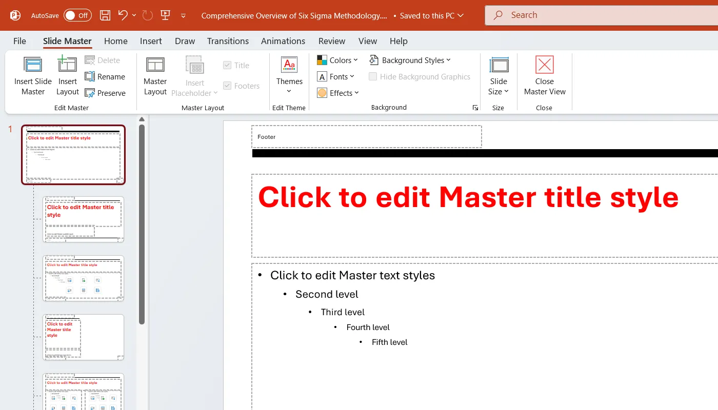 Giao diện chỉnh sửa Slide Master trong PowerPoint, nơi người dùng có thể thay đổi phông chữ, logo hoặc các yếu tố khác để áp dụng đồng bộ cho các slide liên quan.