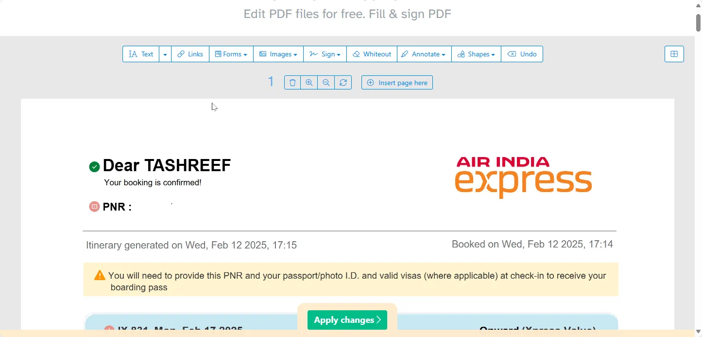 Giao diện chỉnh sửa tài liệu PDF trên Sejda Web Editor với các công cụ chọn văn bản và chỉnh sửa