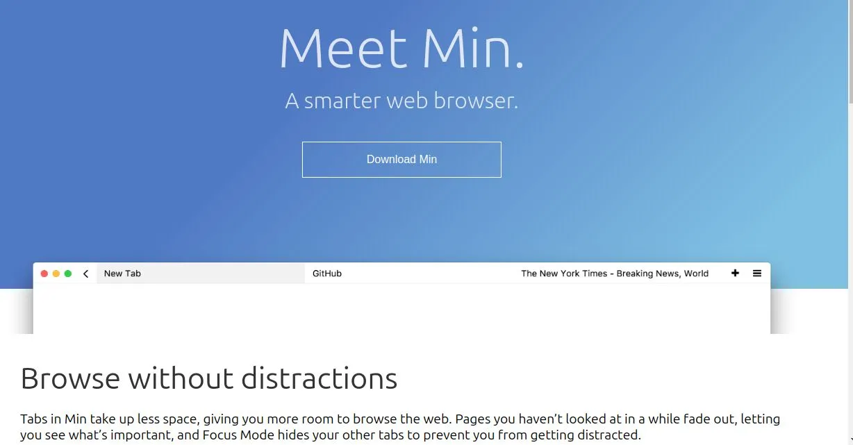 Giao diện chính trình duyệt Min Browser đơn giản và tối ưu cho năng suất làm việc