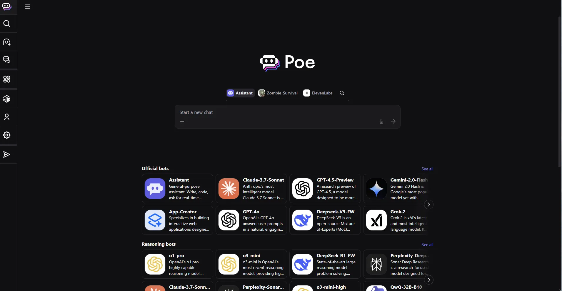 Giao diện chính ứng dụng Poe trên máy tính, hiển thị các tùy chọn chatbot AI đa dạng để thử nghiệm