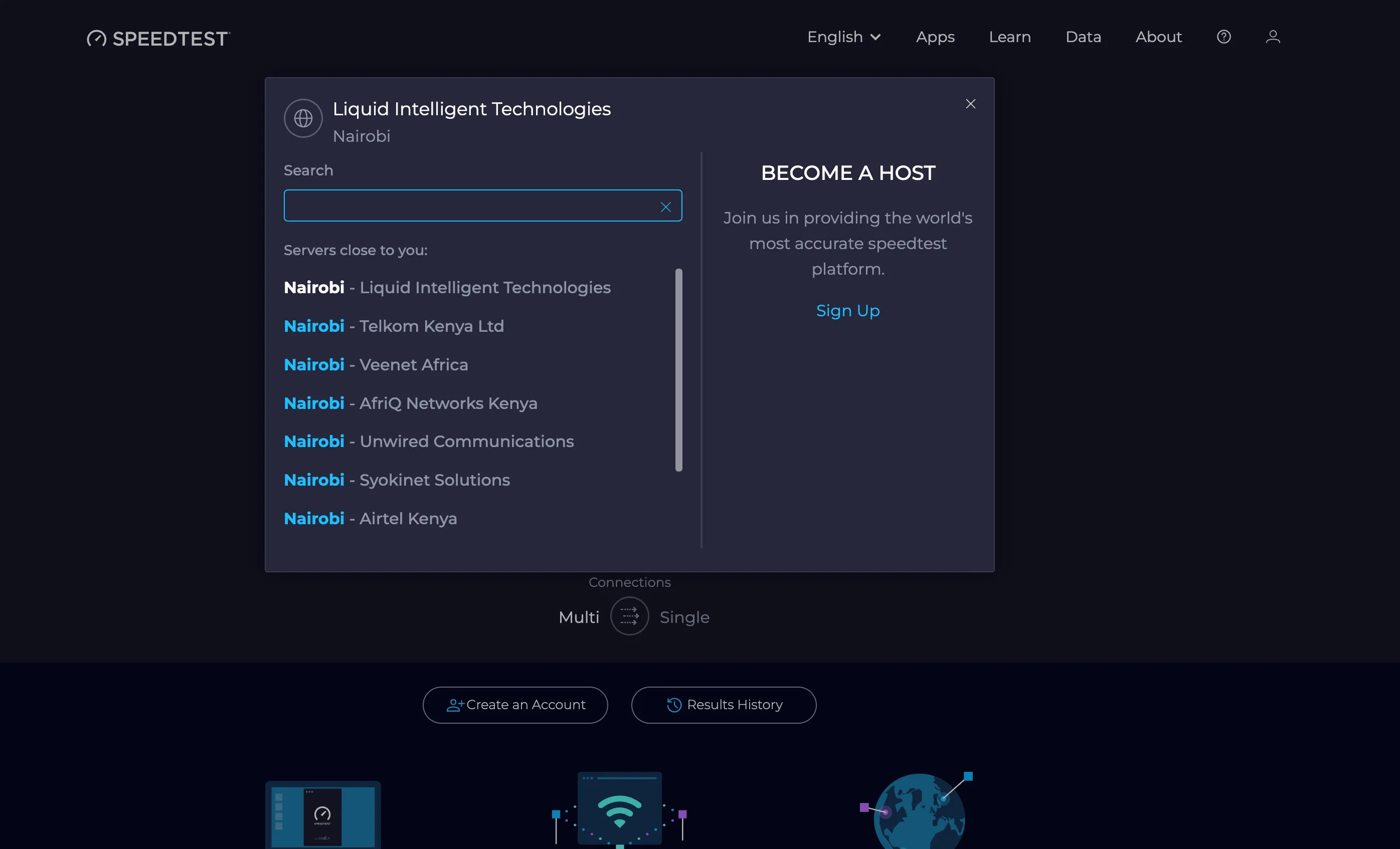 Giao diện chọn máy chủ kiểm tra tốc độ internet trên Ookla Speedtest để tối ưu kết quả.