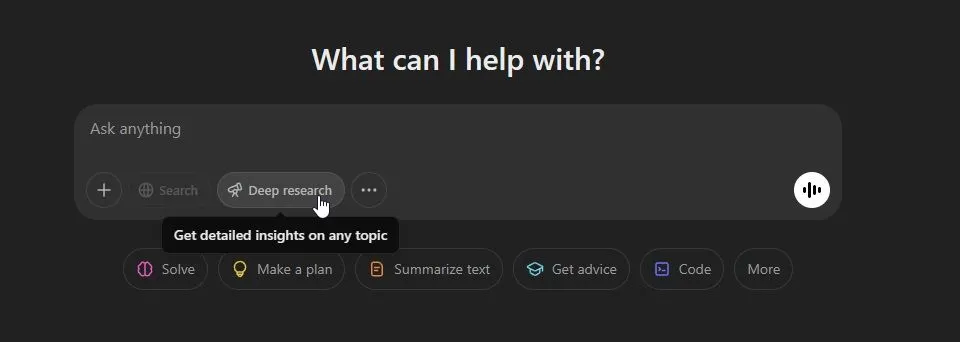 Giao diện chọn mô hình Deep Research trong ứng dụng web ChatGPT, hiển thị tùy chọn nghiên cứu chuyên sâu