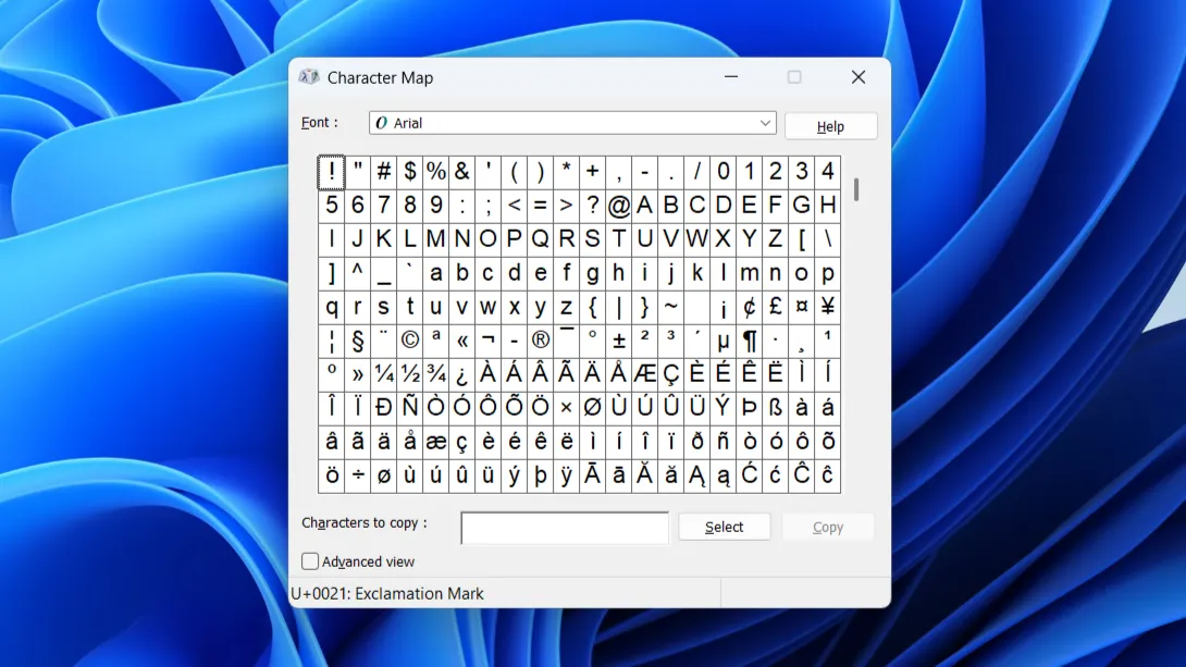 Giao diện cổ điển của công cụ Character Map trên Windows 11