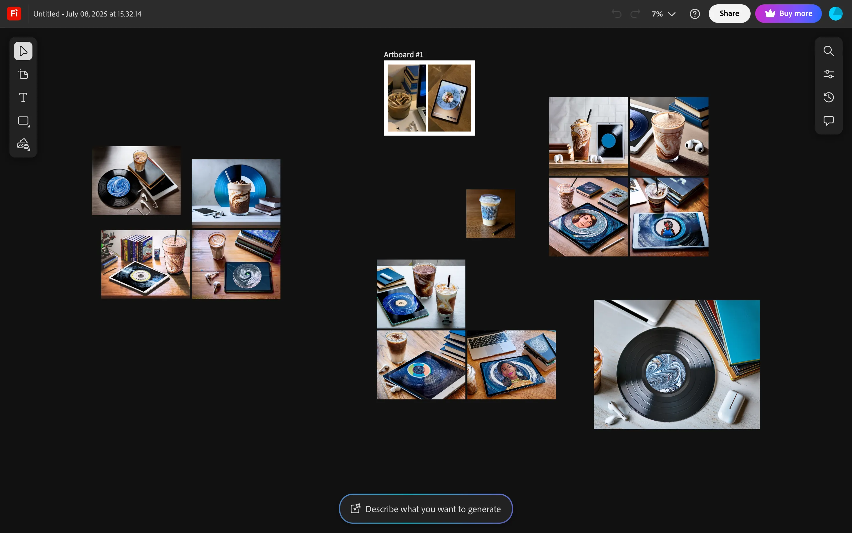Giao diện công cụ Adobe Firefly Boards trên trình duyệt web hiển thị bảng làm việc và các công cụ AI