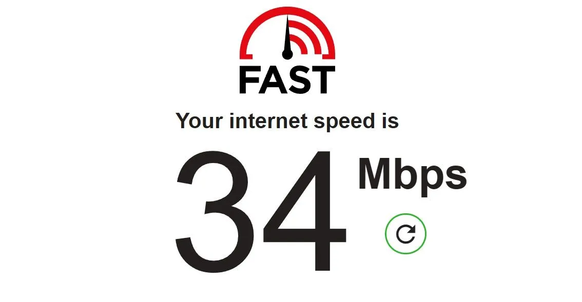 Giao diện công cụ kiểm tra tốc độ internet FAST.com hiển thị kết quả đo tốc độ mạng