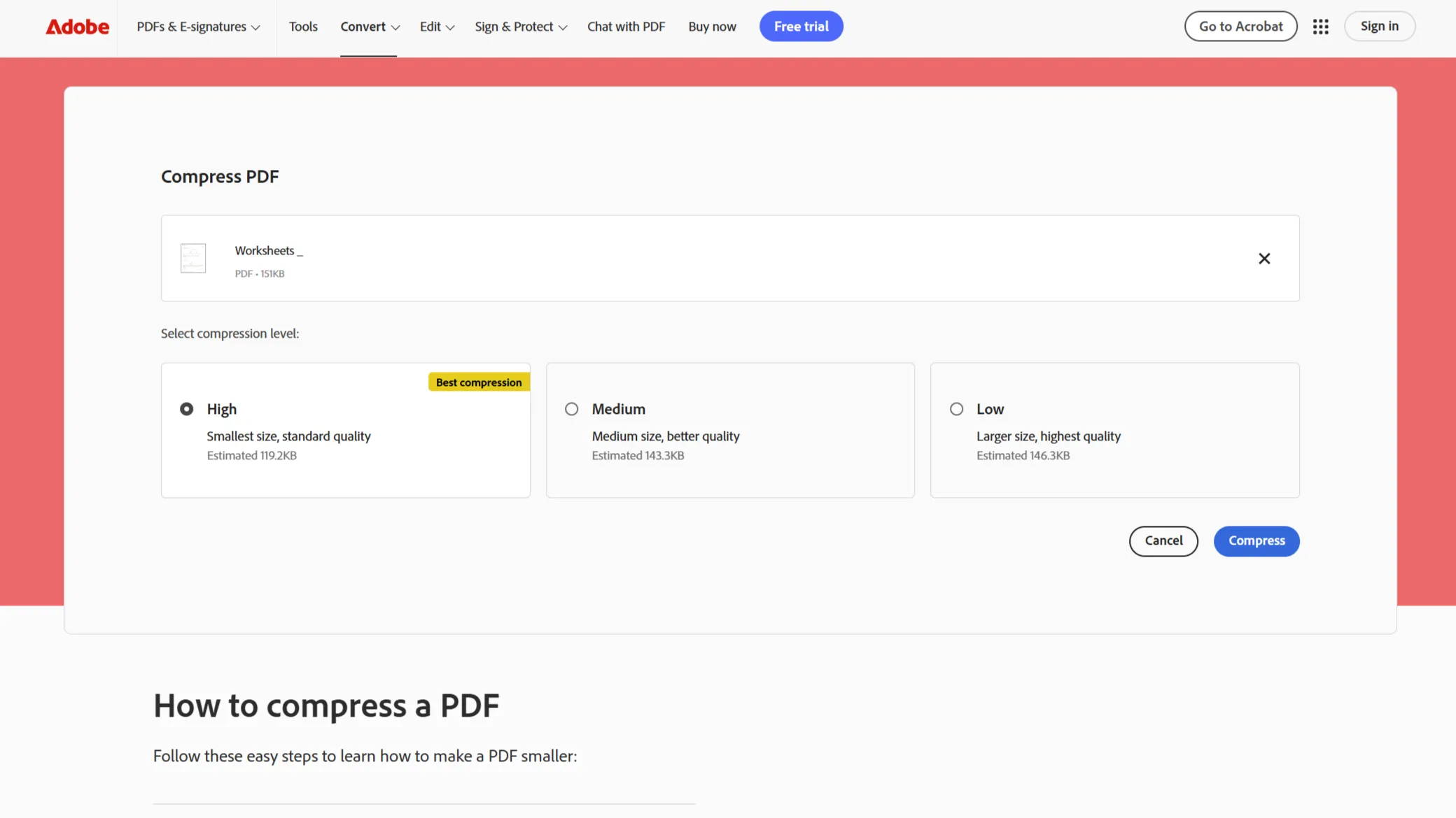 Giao diện công cụ nén PDF trực tuyến của Adobe, hiển thị các mức độ nén tệp