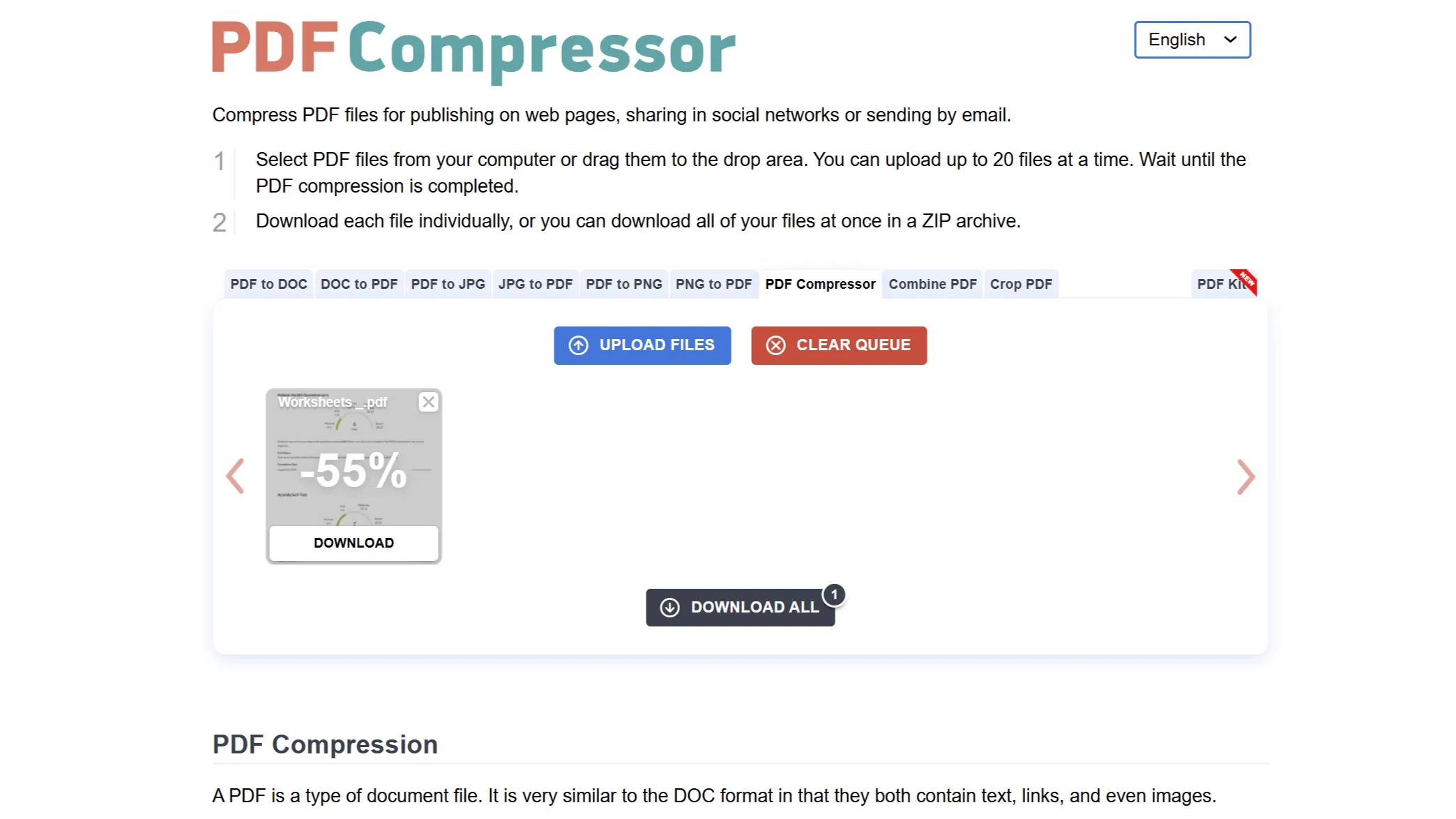 Giao diện công cụ PDF Compressor hiển thị phần trăm nén ước tính sau khi tối ưu file