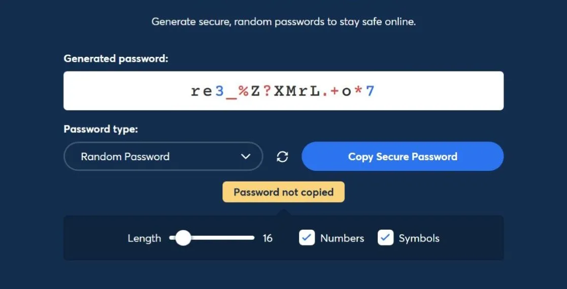 Giao diện công cụ tạo mật khẩu mạnh của 1Password, giúp người dùng tạo mật khẩu ngẫu nhiên và an toàn.