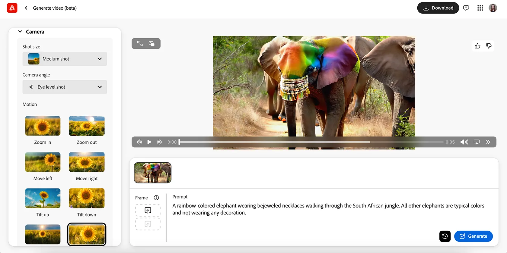 Giao diện công cụ Tạo Video (Beta) của Adobe Firefly trên nền tảng web, hiển thị các tùy chọn tạo video từ văn bản