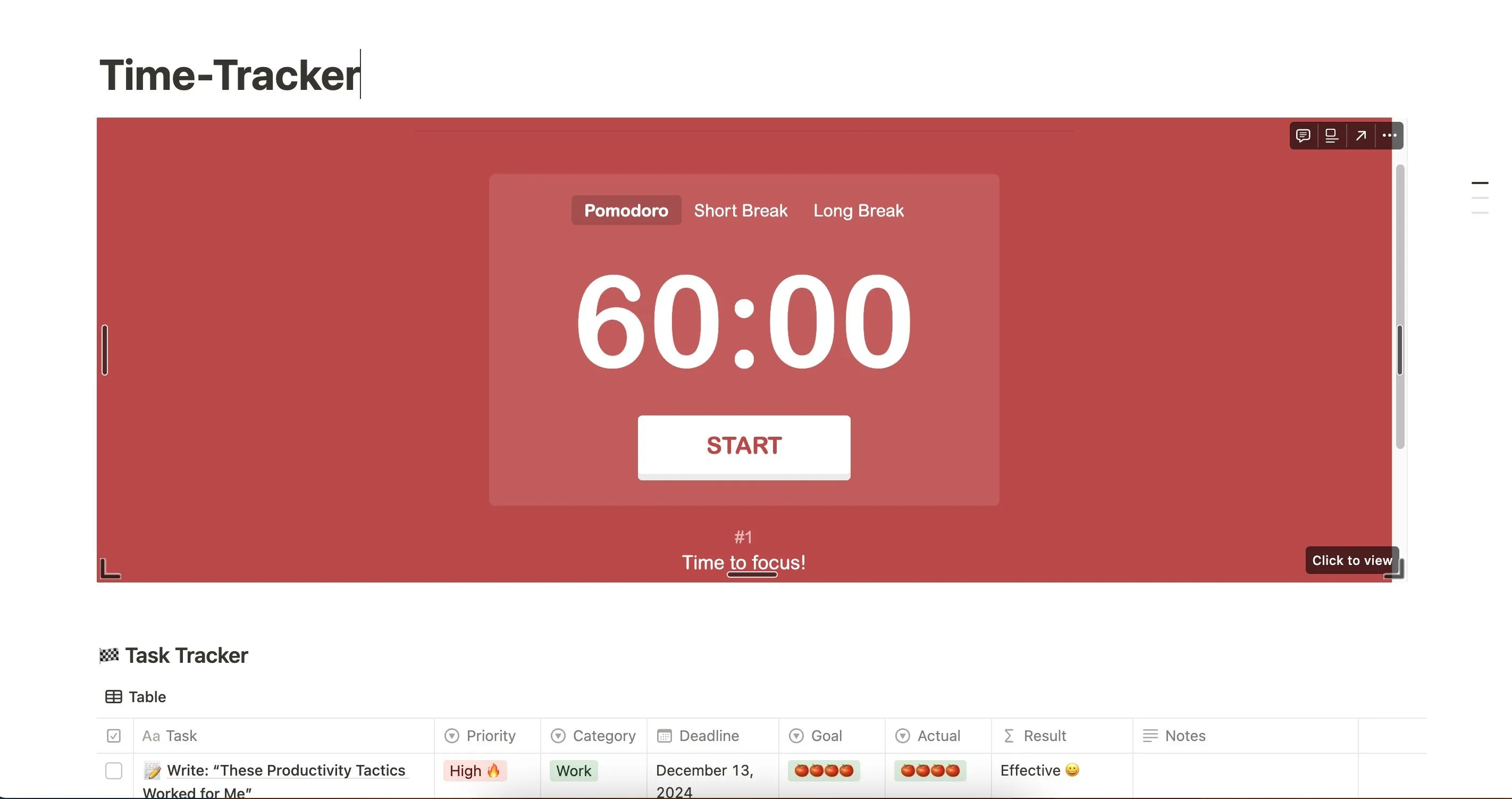 Giao diện công cụ theo dõi Pomodoro trên Notion với cài đặt thời gian làm việc 60 phút, minh họa việc tùy chỉnh kỹ thuật Pomodoro để tăng năng suất cá nhân.