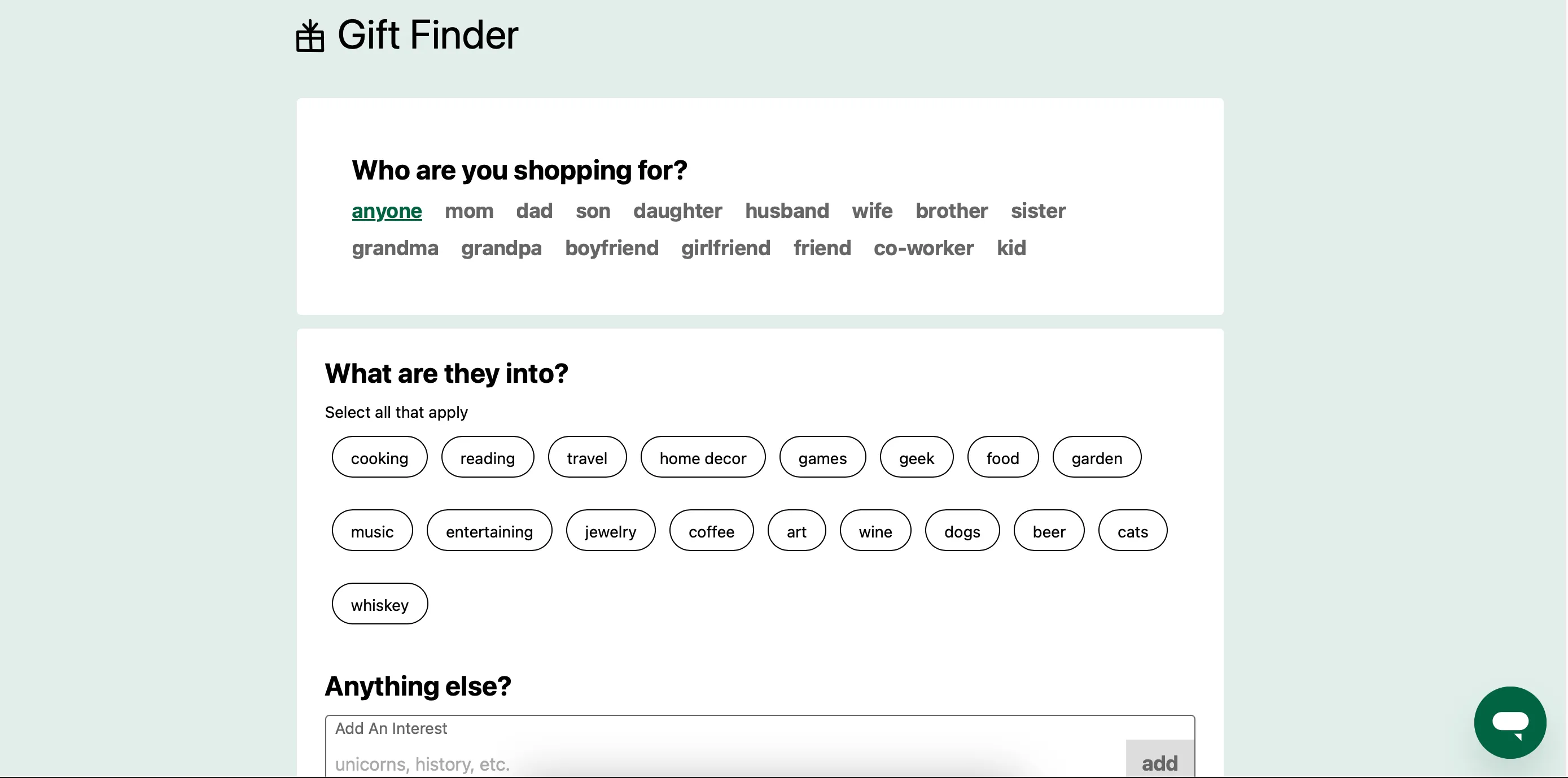 Giao diện công cụ tìm kiếm quà tặng (Gift Finder) trên website Uncommon Goods