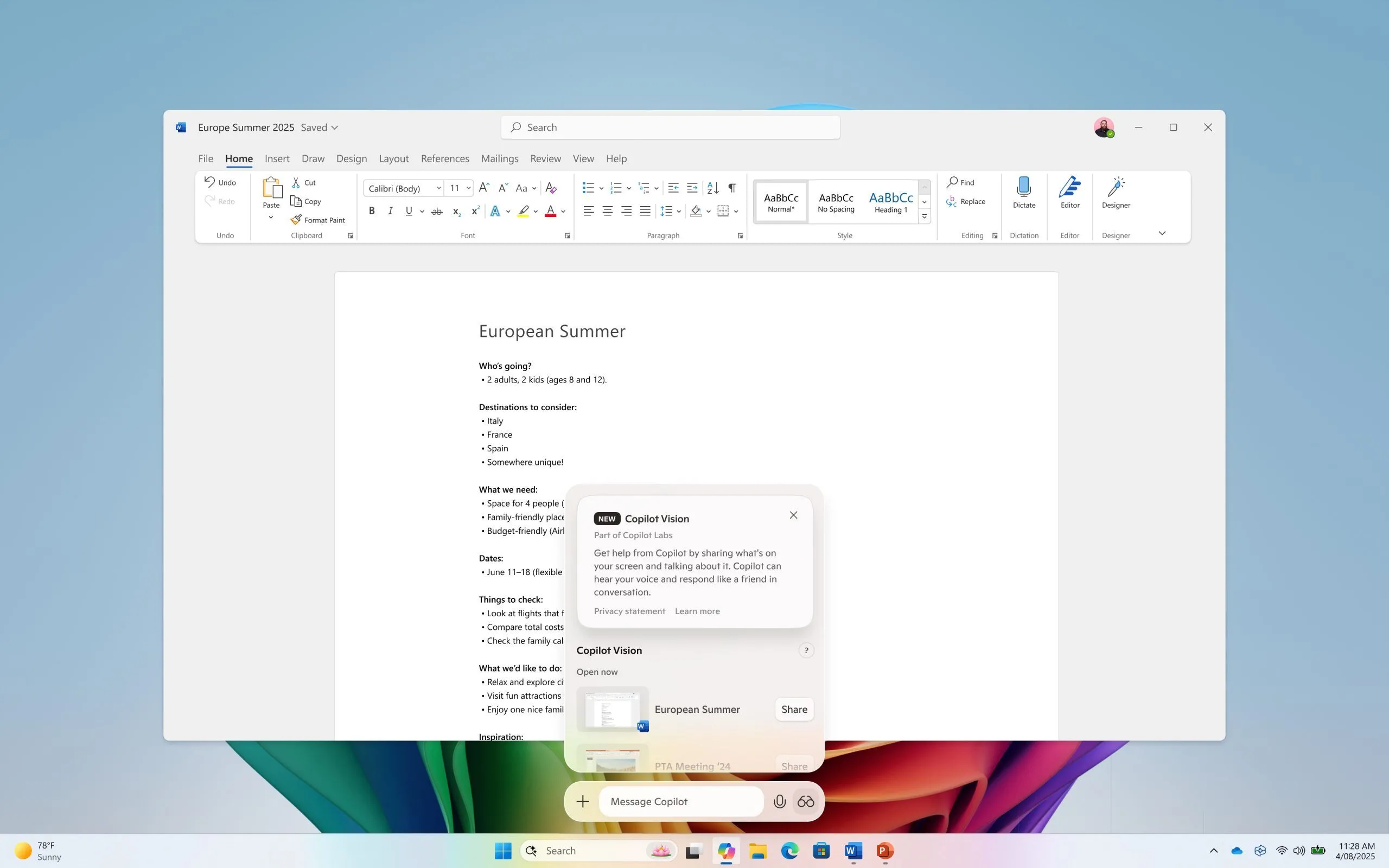 Giao diện Copilot Vision cho phép AI phân tích màn hình ứng dụng trên Windows