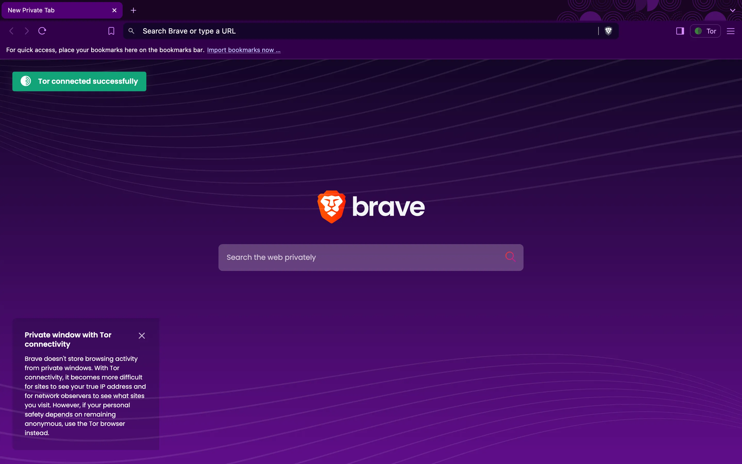 Giao diện cửa sổ riêng tư mới của trình duyệt Brave với tính năng Tor được bật, thể hiện sự đơn giản khi truy cập chế độ ẩn danh.