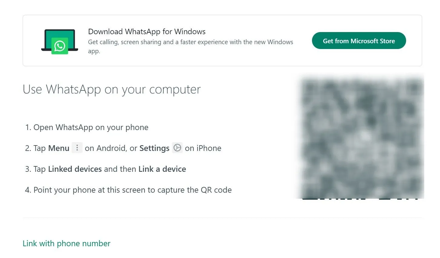 Giao diện đăng nhập WhatsApp Web với mã QR, cho thấy cách kẻ lừa đảo tạo trang giả mạo để chiếm quyền truy cập tài khoản.
