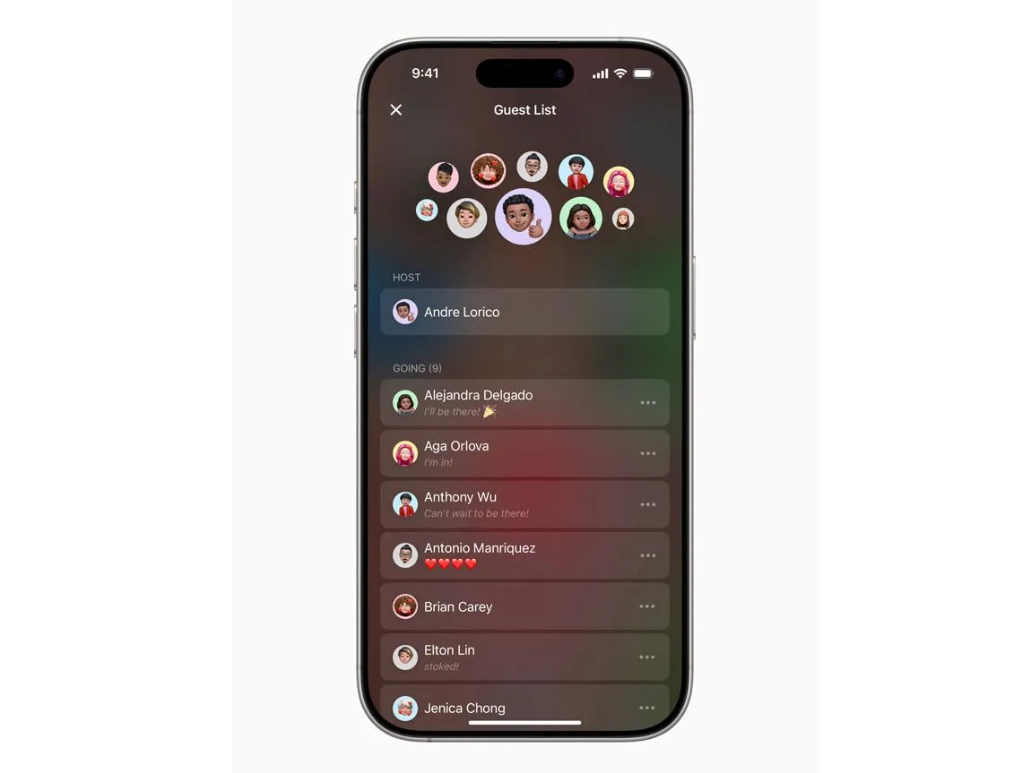 Giao diện danh sách khách mời trong ứng dụng Apple Invites, hiển thị tên và trạng thái RSVP