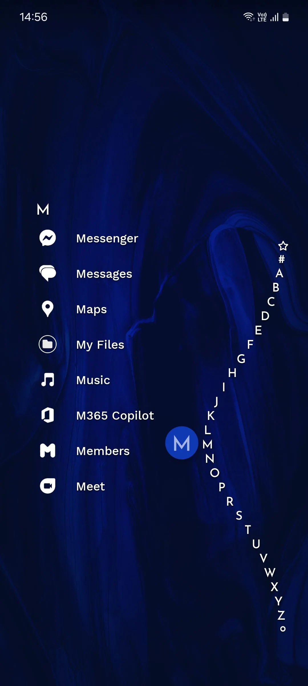 Giao diện danh sách ứng dụng theo bảng chữ cái của Niagara Launcher