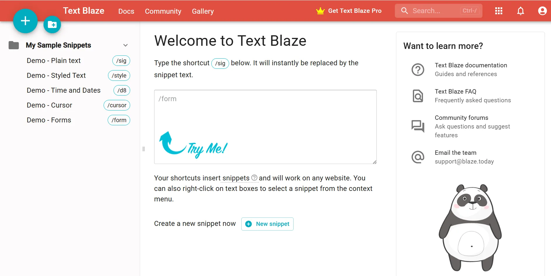 Giao diện dashboard của Text Blaze hiển thị danh sách các snippet đã tạo và tùy chọn quản lý thư mục.