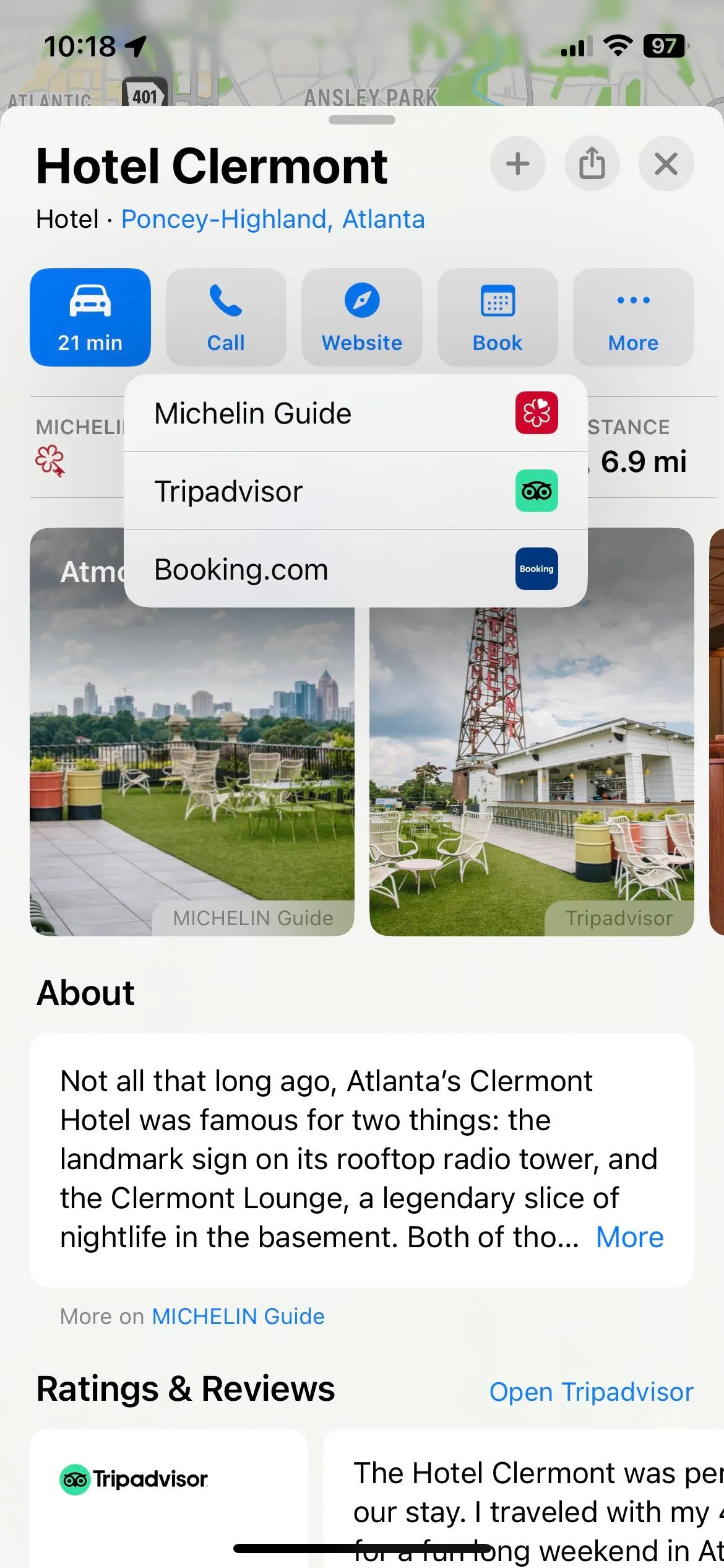 Giao diện đặt phòng khách sạn thông qua Michelin Guide ngay trong Apple Maps.