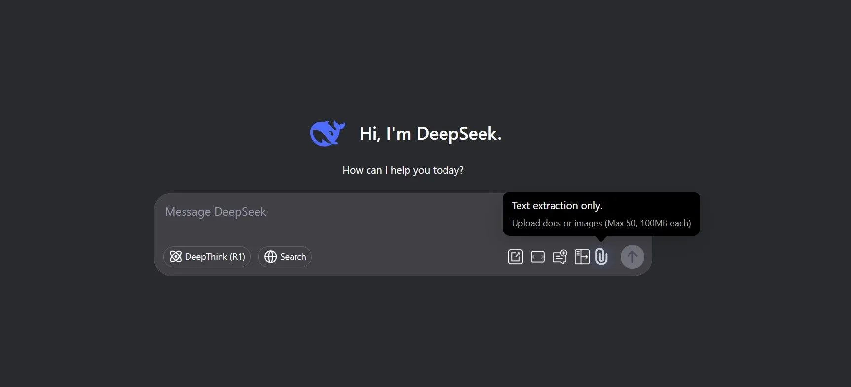 Giao diện DeepSeek hiển thị giới hạn về khả năng tải lên tệp, chỉ hỗ trợ trích xuất văn bản.