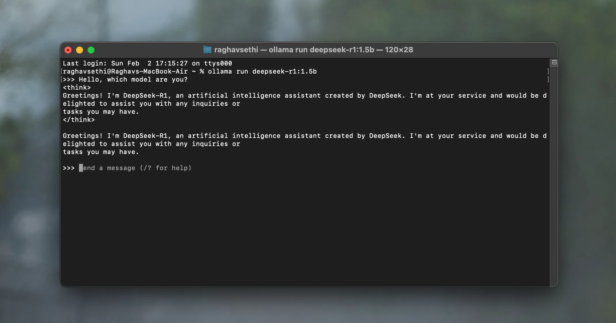 Giao diện DeepSeek-R1 chạy trên Terminal của macOS hiển thị phản hồi cho câu lệnh người dùng