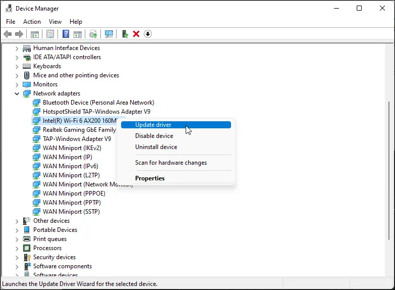 Giao diện Device Manager trên Windows 11 hiển thị tùy chọn 'Update driver' cho card mạng Wi-Fi Intel AX200.
