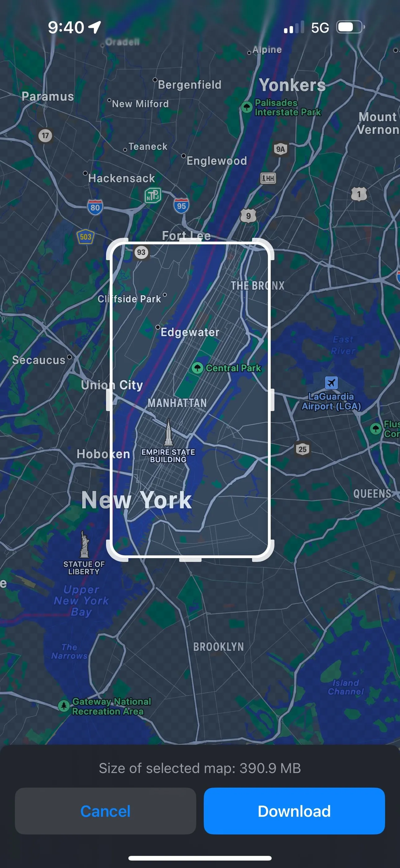 Giao diện điều chỉnh vùng bản đồ ngoại tuyến của New York City trên Apple Maps iOS 17