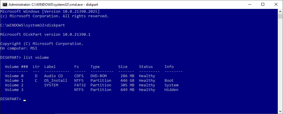 Giao diện Diskpart hiển thị danh sách ổ đĩa trong Command Prompt