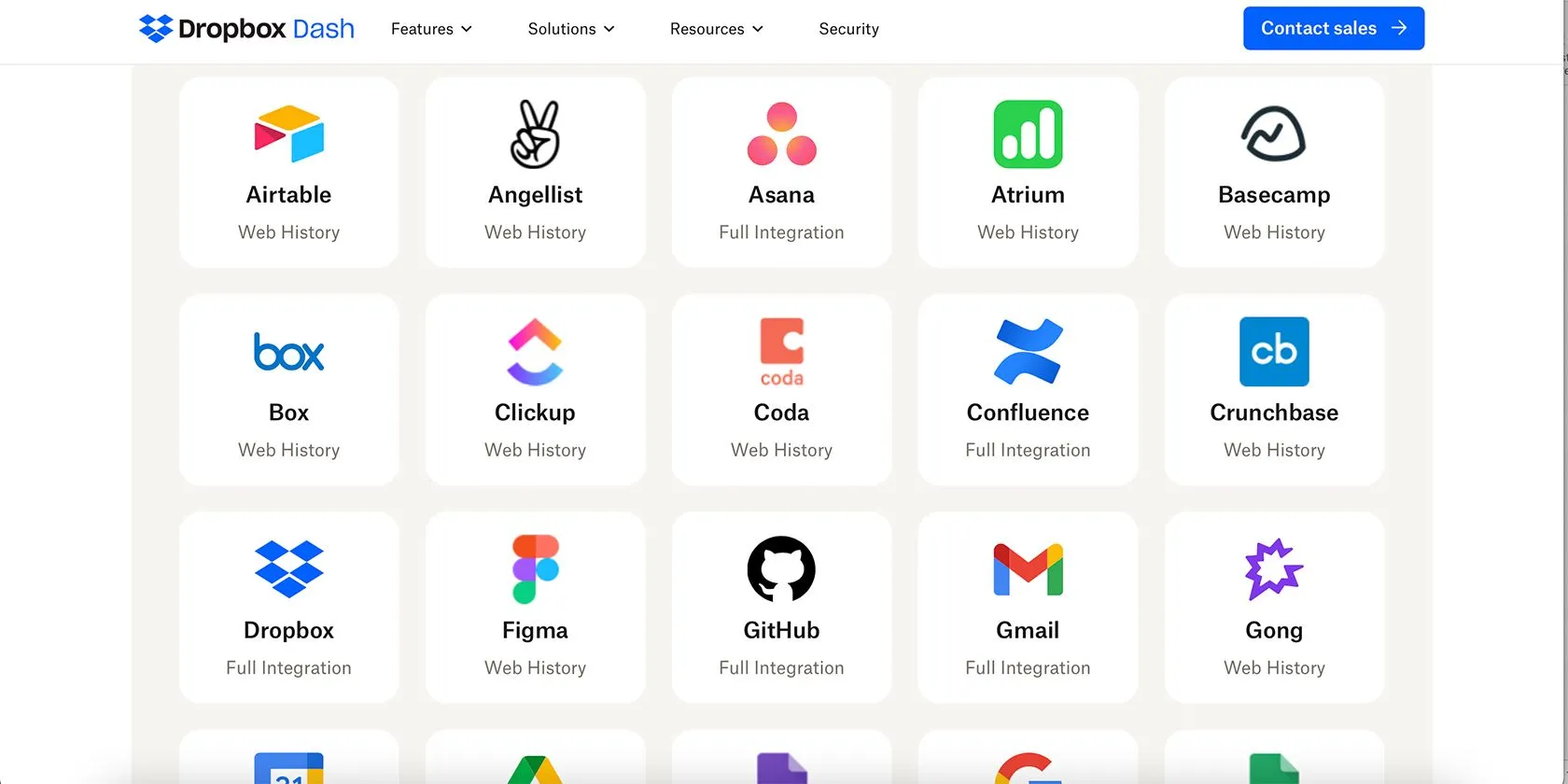 Giao diện Dropbox Dash hiển thị danh sách các ứng dụng phổ biến có thể kết nối để mở rộng khả năng tìm kiếm AI