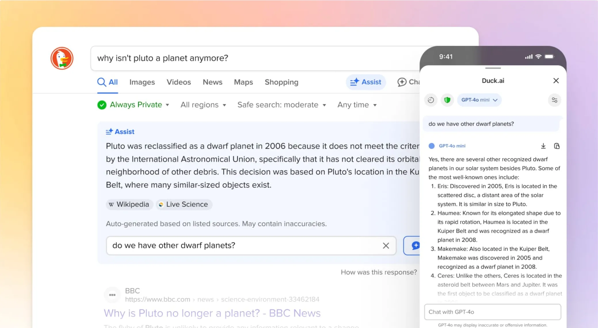 Giao diện DuckDuckGo trên máy tính và điện thoại hiển thị các tính năng AI mới tập trung vào quyền riêng tư.