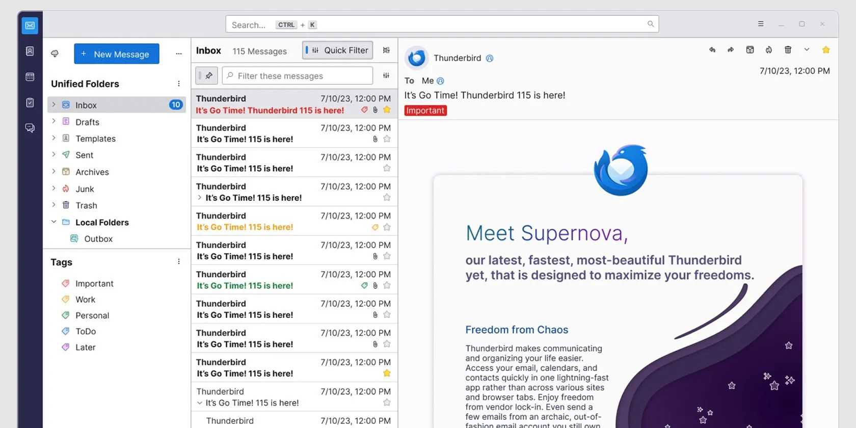 Giao diện email client Thunderbird với thư mục và email đang mở