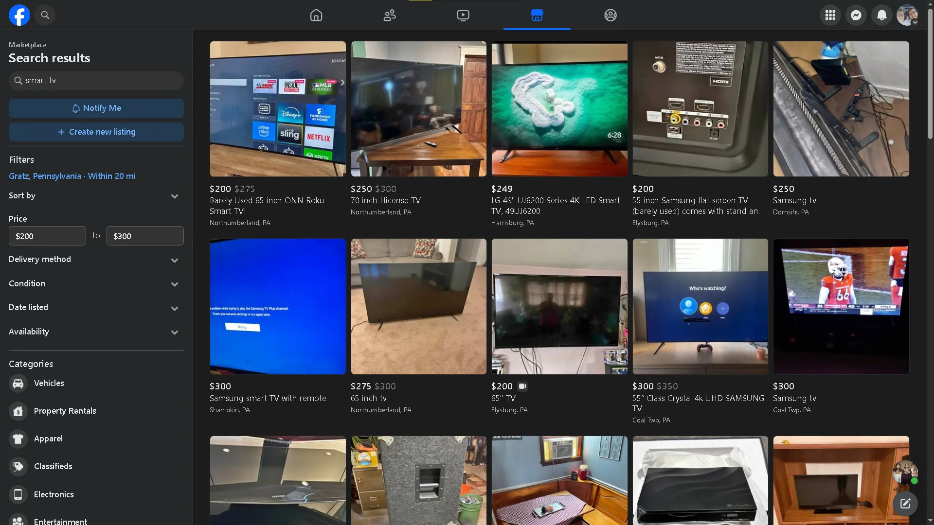 Giao diện Facebook Marketplace hiển thị kết quả tìm kiếm "smart TV" và các danh sách TV thông minh rao bán