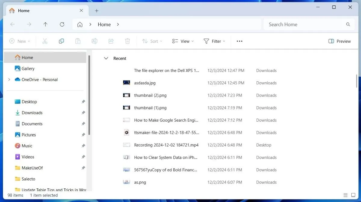 Giao diện File Explorer hiển thị mục Tệp tin gần đây trong Windows 11