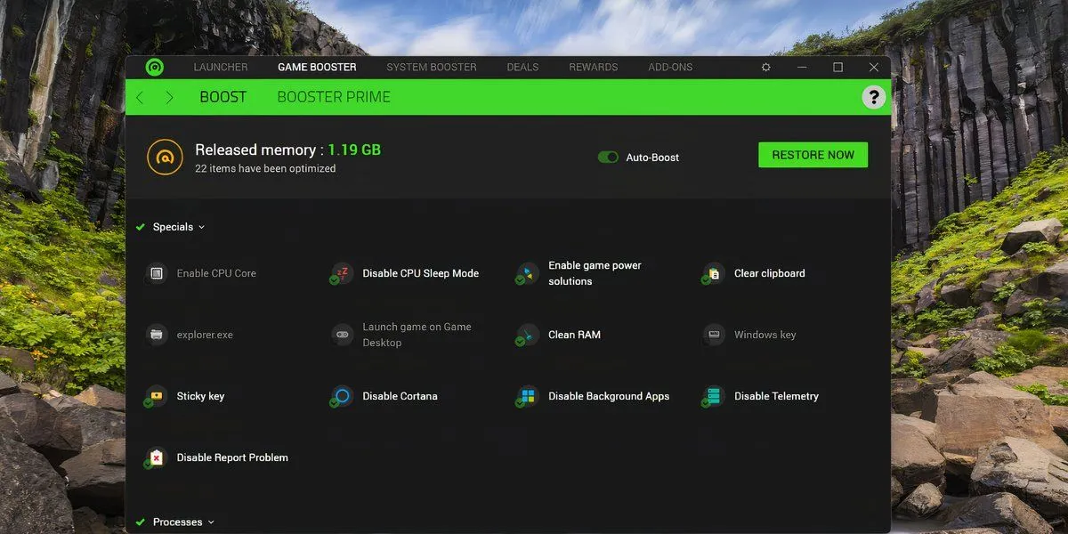 Giao diện Game Booster của Razer Cortex trên Windows 11 giúp tối ưu hiệu năng chơi game