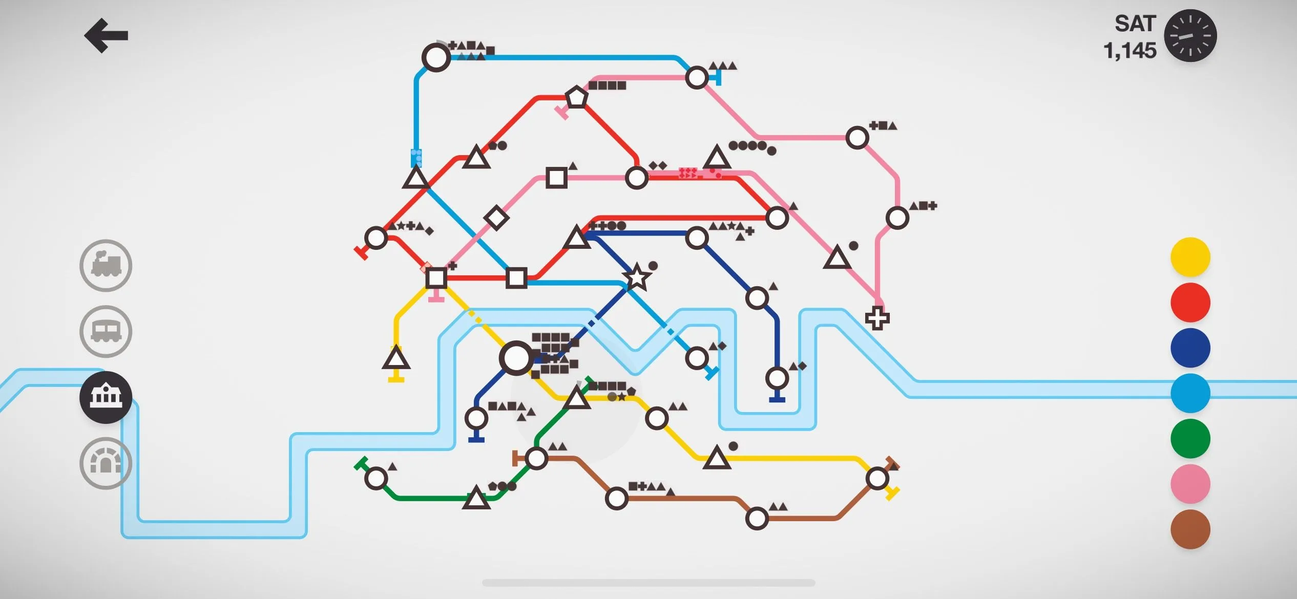 Giao diện game Mini Metro trên iPhone, một ví dụ về trò chơi di động giúp thư giãn và giảm căng thẳng sau giờ làm việc.