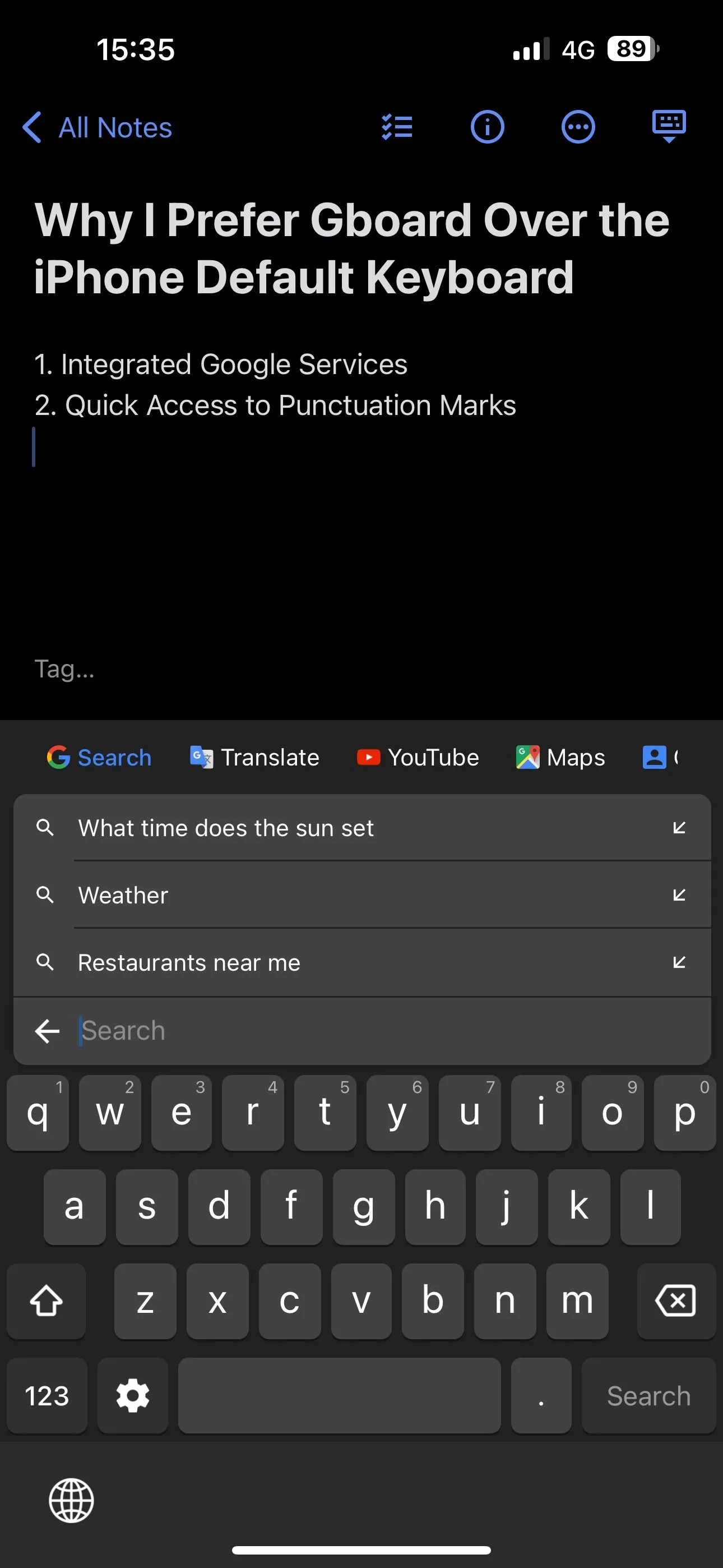 Giao diện Gboard trên iPhone hiển thị các dịch vụ Google tích hợp như tìm kiếm, YouTube và Google Maps.