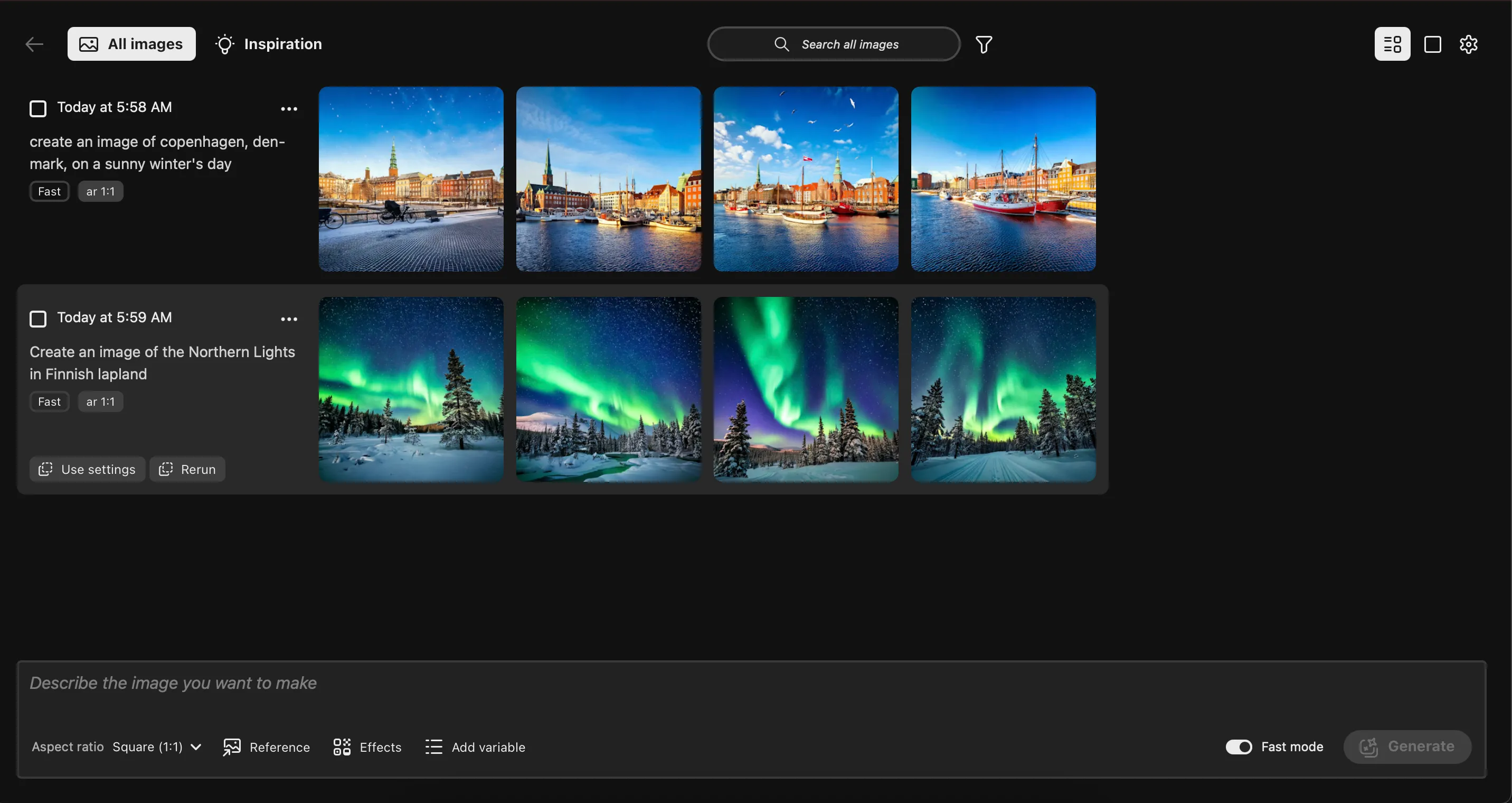 Giao diện Generative Workspace trong phiên bản Photoshop Beta, hiển thị thư viện ảnh được tạo bằng AI