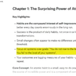 Giao diện ghi chú và highlight sách Atomic Habits, hiển thị các điểm nổi bật cần trích xuất cho sổ tay bài tập cá nhân.