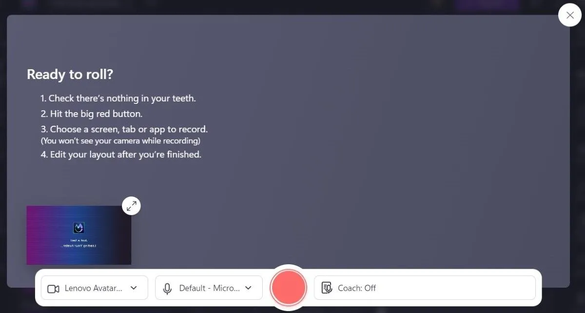 Giao diện ghi màn hình và webcam đồng thời của Clipchamp