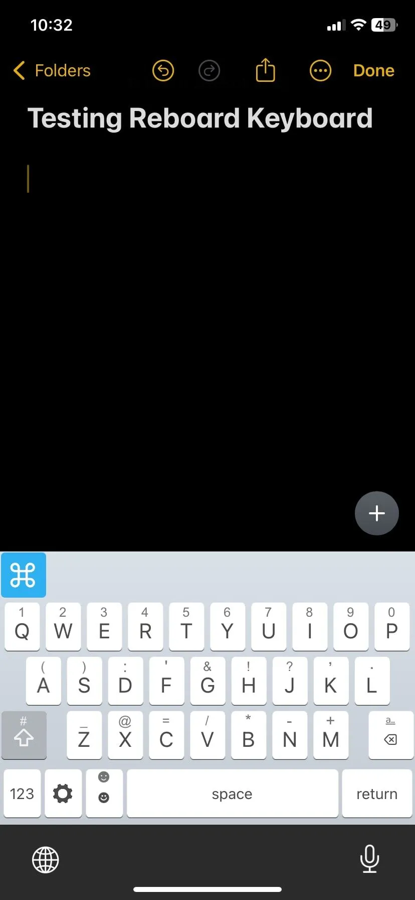 Giao diện gõ phím ReBoard trên ứng dụng Ghi chú của iPhone