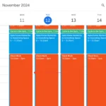 Giao diện Google Calendar minh họa cách sắp xếp lịch trình theo phương pháp Time Blocking với các khối thời gian cố định cho từng loại nhiệm vụ