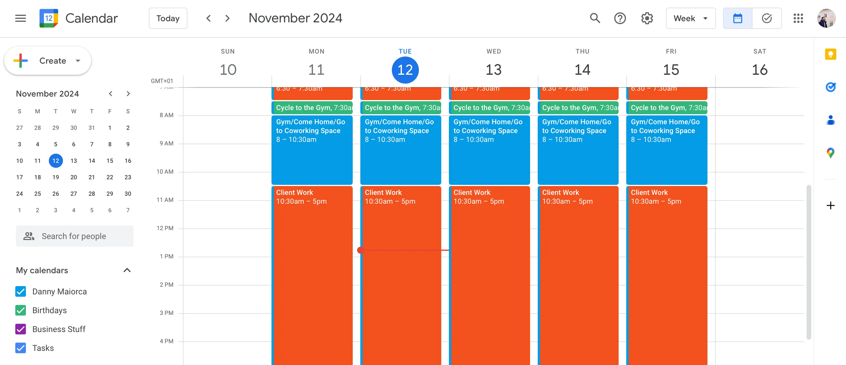 Giao diện Google Calendar minh họa cách sắp xếp lịch trình theo phương pháp Time Blocking với các khối thời gian cố định cho từng loại nhiệm vụ