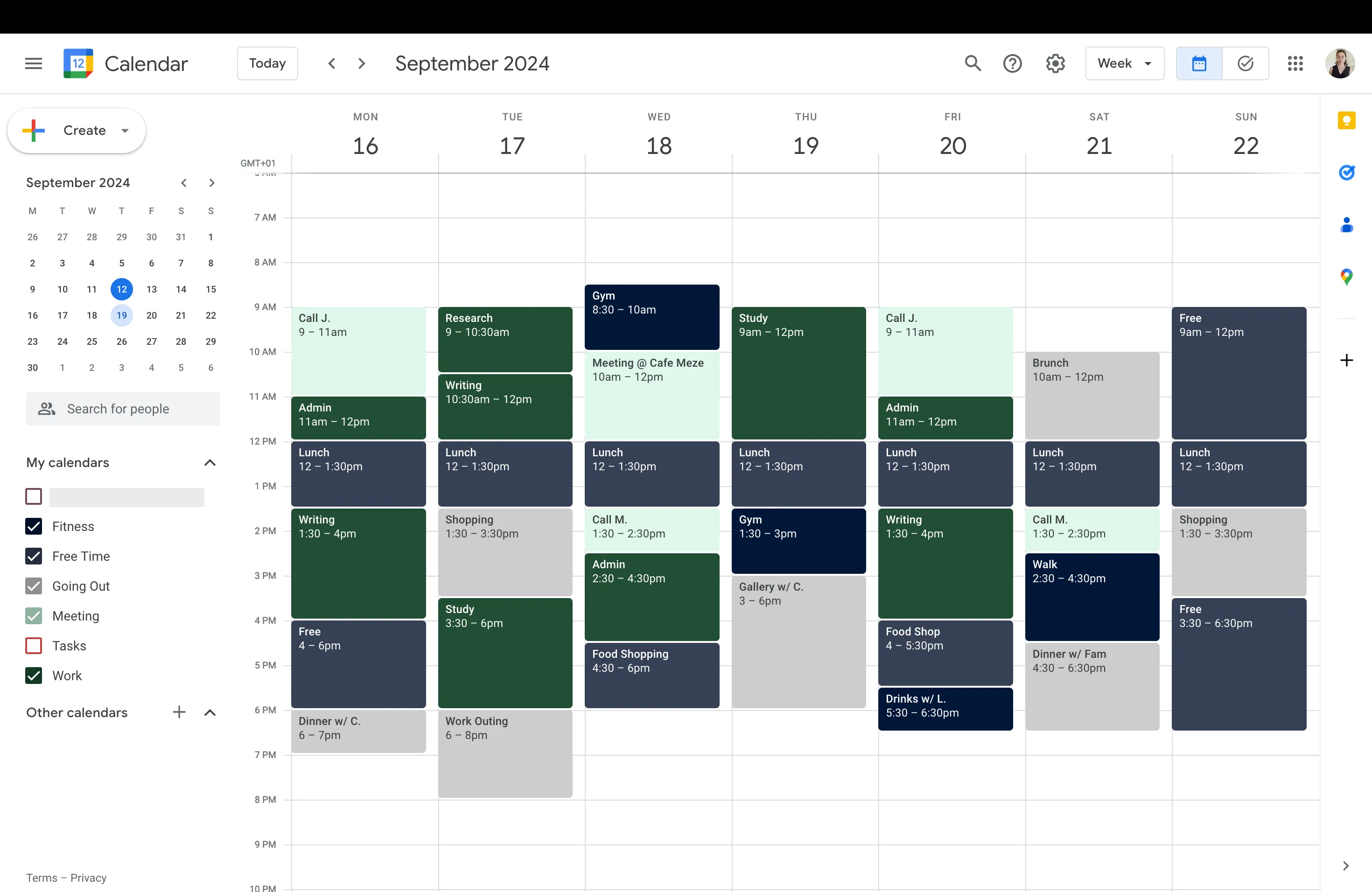 Giao diện Google Calendar với chủ đề màu tối tùy chỉnh, tạo cảm giác chuyên nghiệp và độc đáo