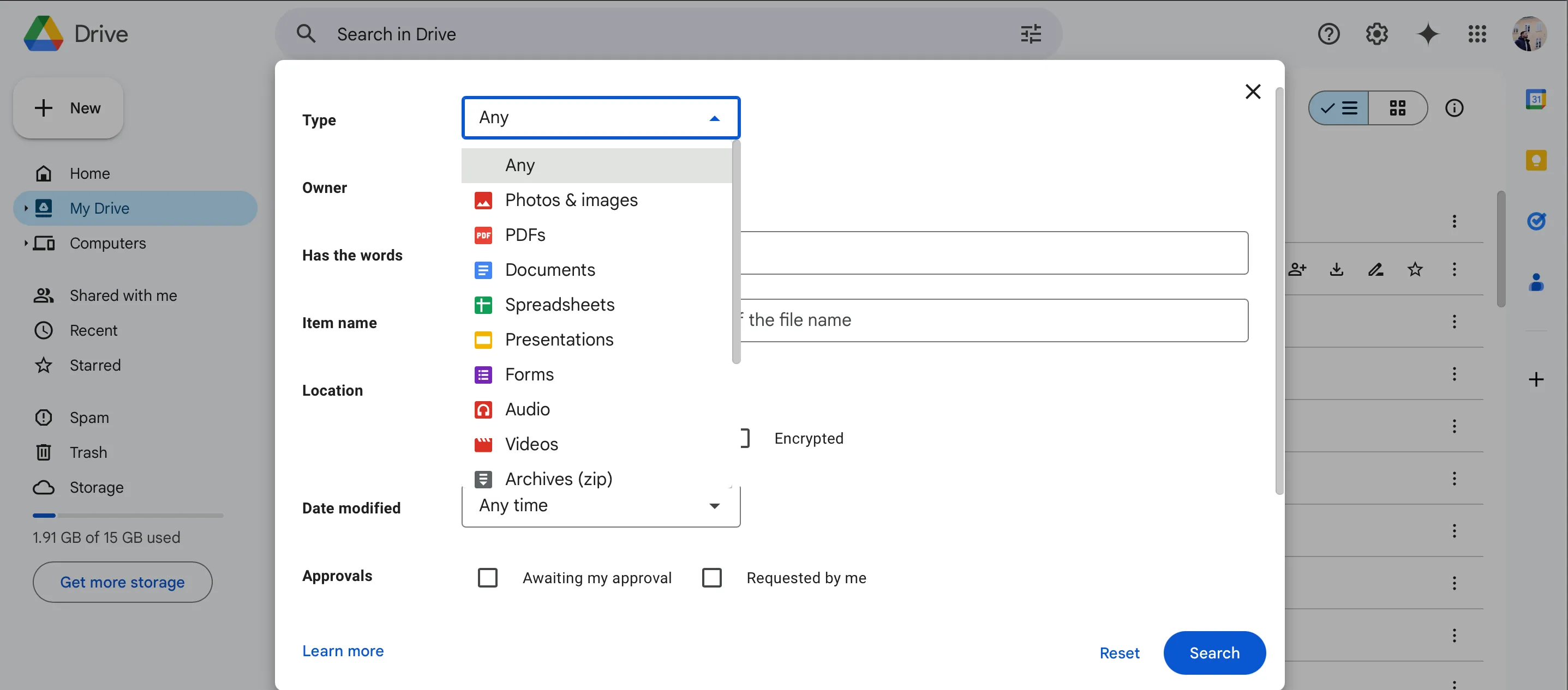Giao diện Google Drive hiển thị tùy chọn lọc tài liệu theo ảnh và video, giúp người dùng dễ dàng quản lý và xóa bỏ các tệp tin hình ảnh không còn cần thiết để giải phóng dung lượng lưu trữ.
