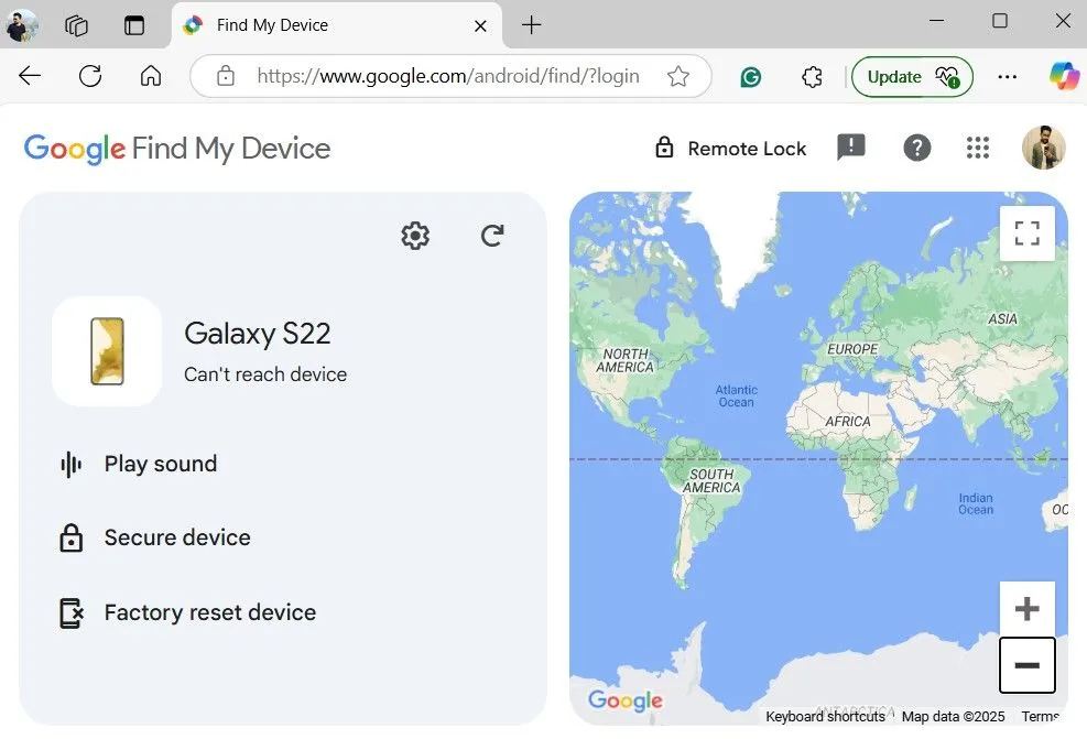 Giao diện Google Find My Device hiển thị lỗi không thể kết nối thiết bị khi điện thoại Samsung bị mất mạng