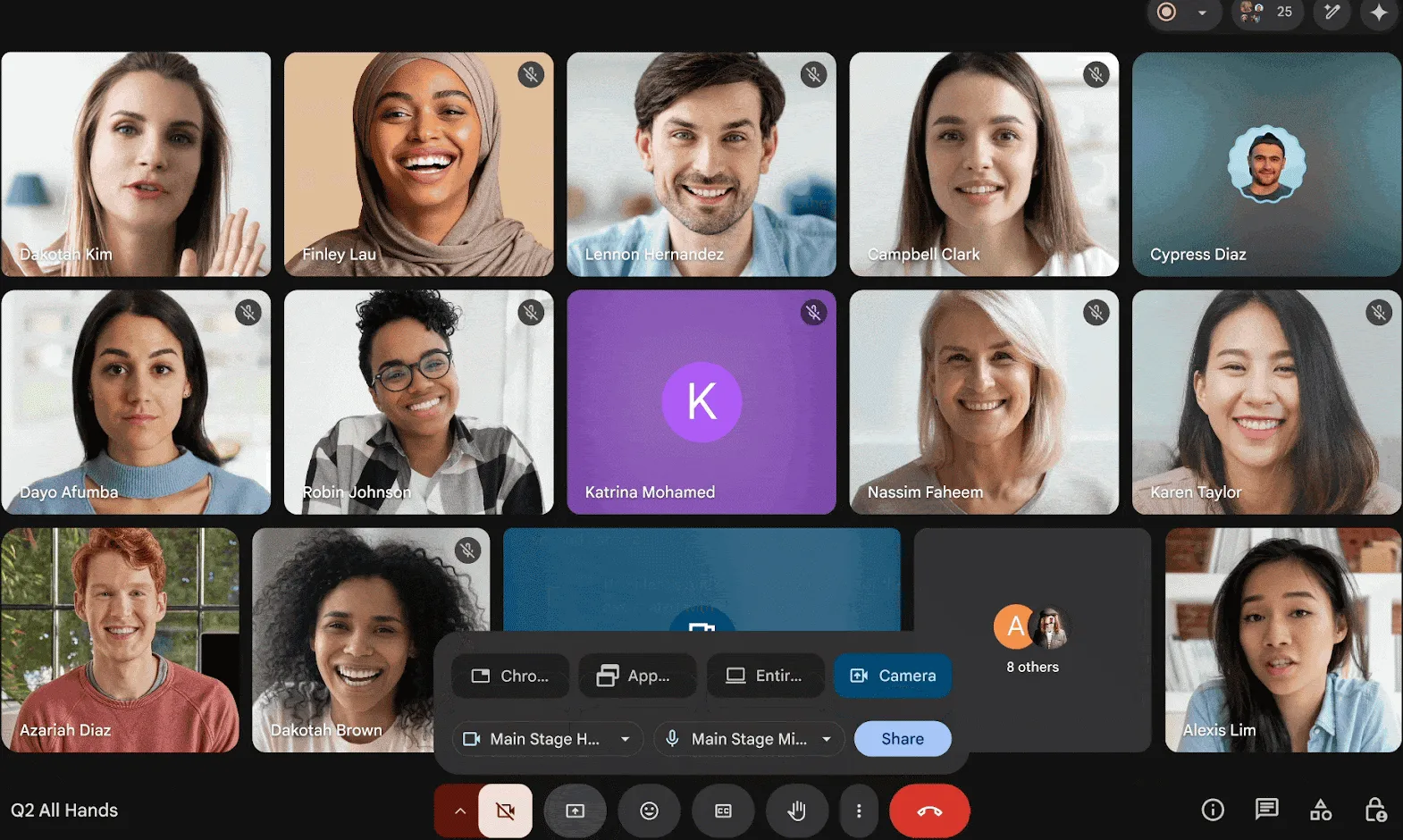 Giao diện Google Meet hiển thị tùy chọn trình chiếu nội dung trực tiếp từ camera ngoài