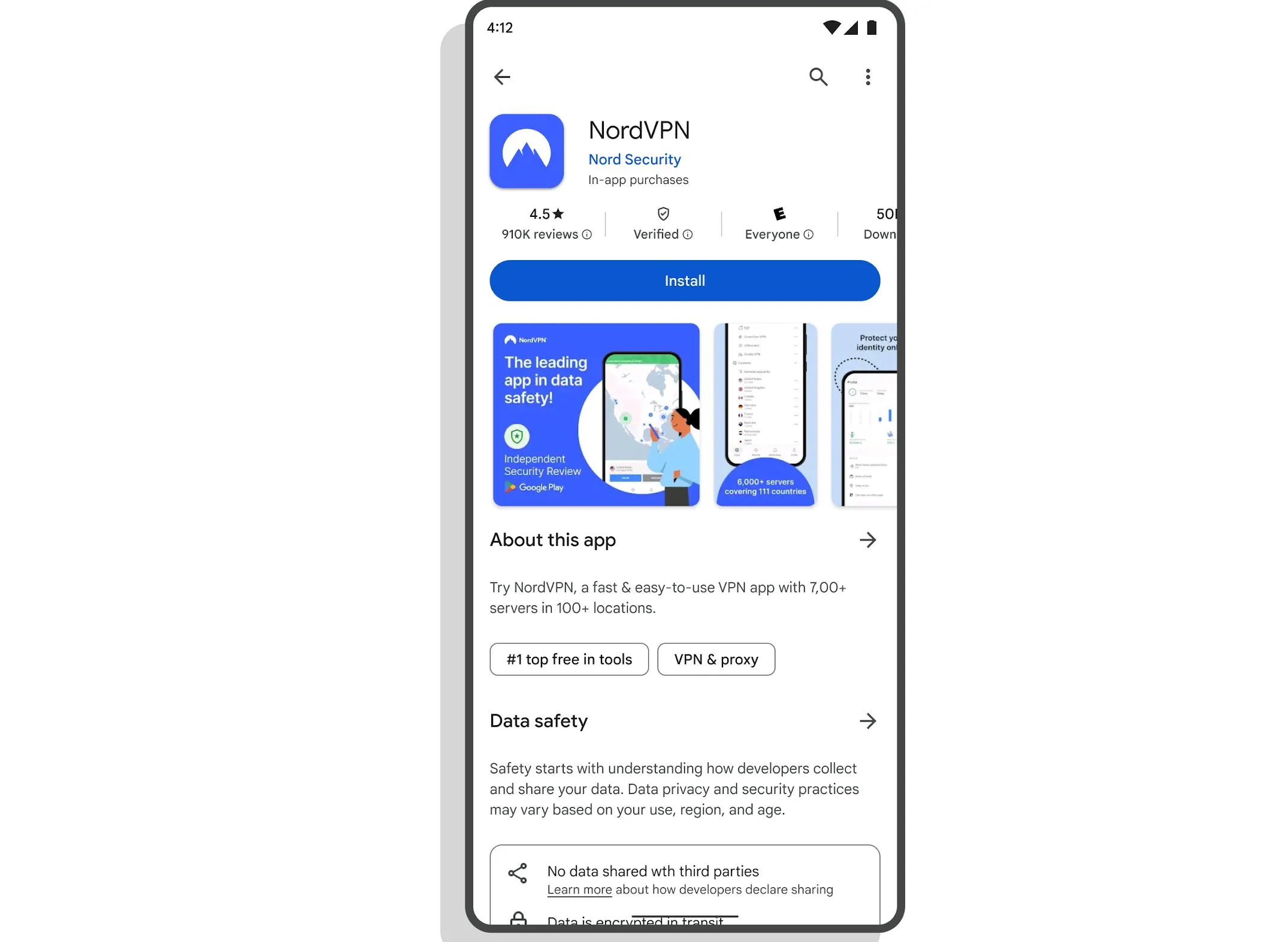 Giao diện Google Play Store hiển thị trang chi tiết ứng dụng VPN đã đạt huy hiệu 'Verified' để đảm bảo tin cậy.
